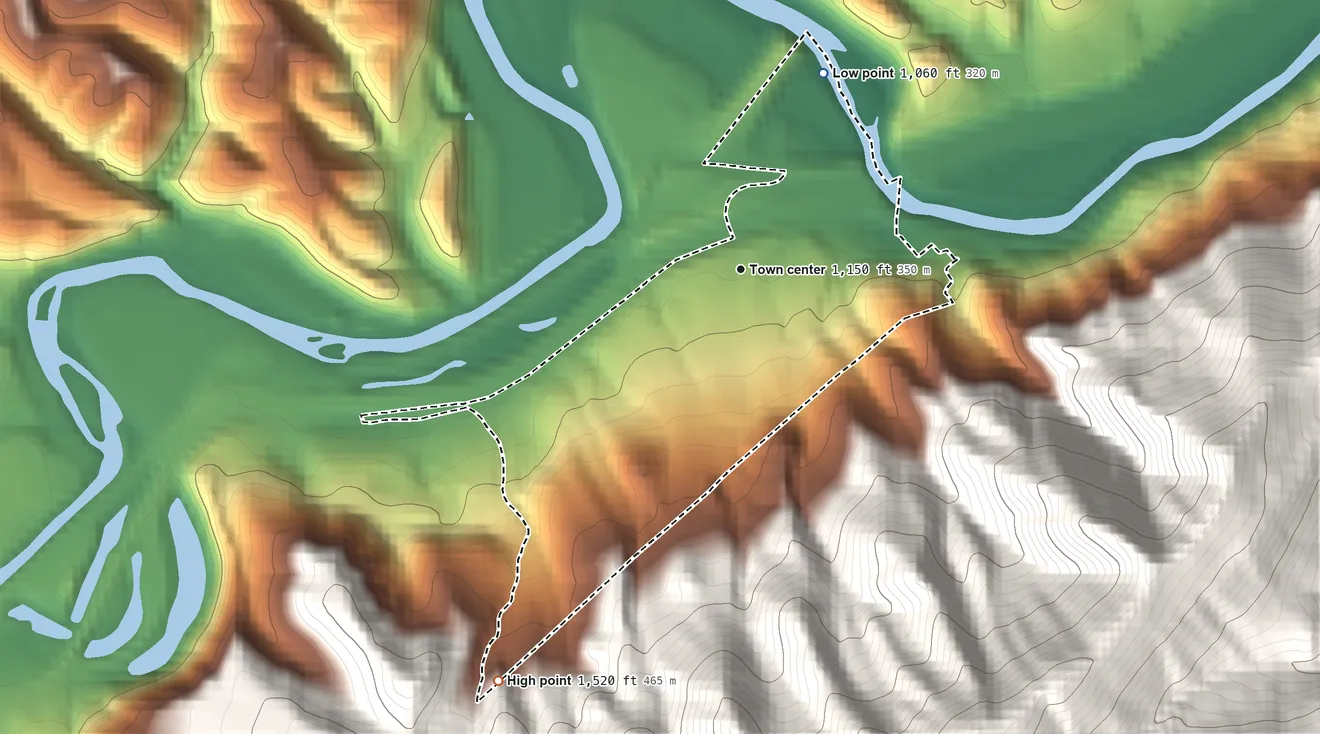 Topographic elevation map of Selma, Virginia, shaded from 1,060 ft on the northeast side to 1,520 ft at the foot of the Little Mountain