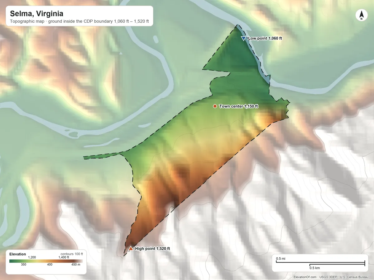 Topographic elevation map of Selma, Virginia, shaded from 1,060 ft on the northeast side to 1,520 ft at the foot of the Little Mountain