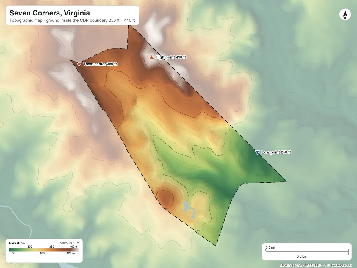 Topographic elevation map of Seven Corners, Virginia, shaded from 250 ft on the southeast side to 410 ft on Upton Hill