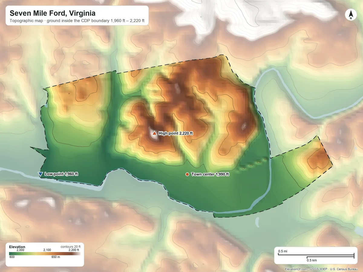 Topographic elevation map of Seven Mile Ford, Virginia, shaded from 1,960 ft on the west side to 2,220 ft at the foot of the River Knobs