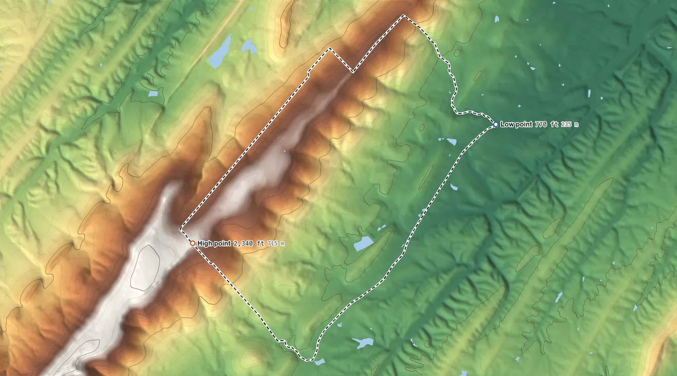 Topographic elevation map of Shawneeland, Virginia, shaded from 770 ft on the east side to 2,340 ft on the west side