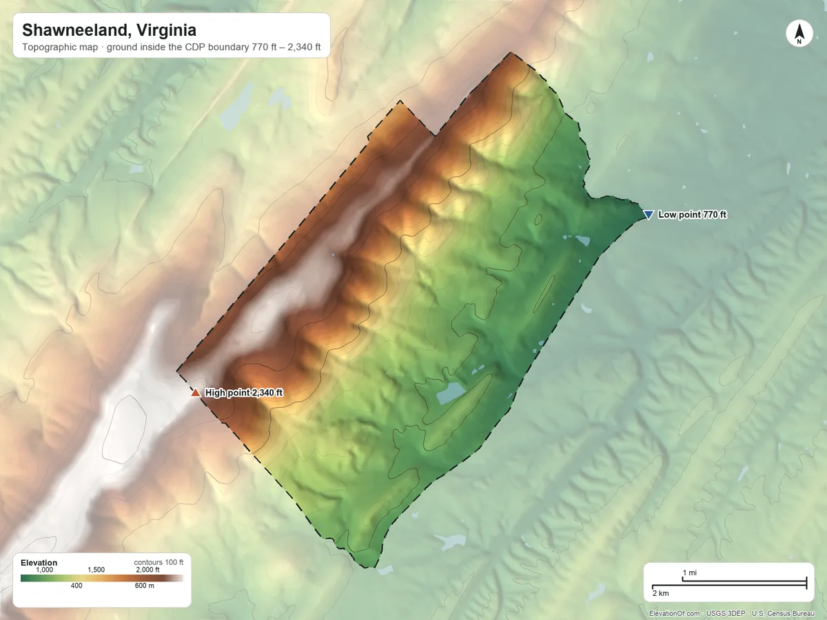 Topographic elevation map of Shawneeland, Virginia, shaded from 770 ft on the east side to 2,340 ft on the west side