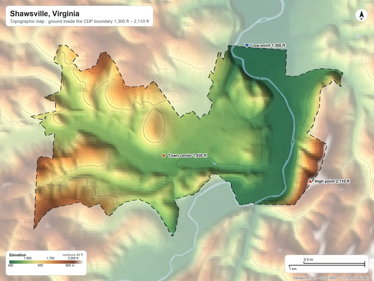 Topographic elevation map of Shawsville, Virginia, shaded from 1,300 ft on the northeast side to 2,110 ft at the foot of the Pedlar Hills
