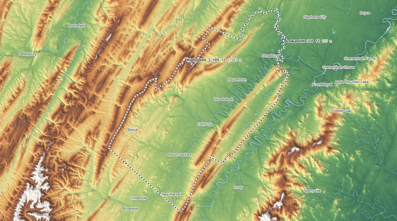 Topographic elevation map of Shenandoah County, Virginia, shaded from 380 ft on the northeast side to 3,300 ft on Mill Mountain
