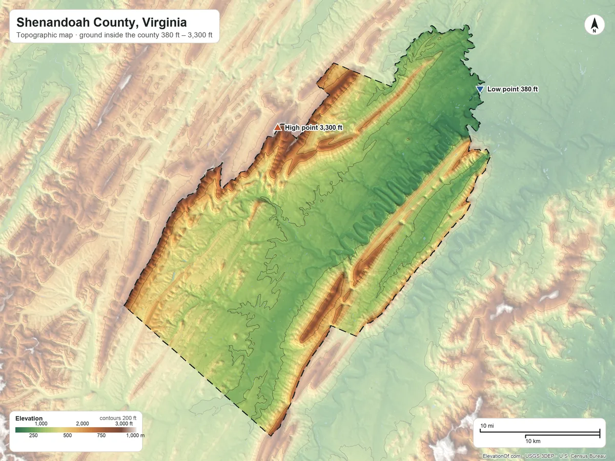 Topographic elevation map of Shenandoah County, Virginia, shaded from 380 ft on the northeast side to 3,300 ft on Mill Mountain