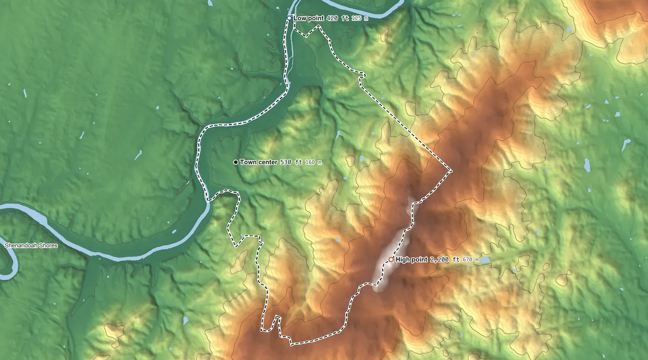 Topographic elevation map of Shenandoah Farms, Virginia, shaded from 420 ft on the north side to 2,200 ft on the southeast side
