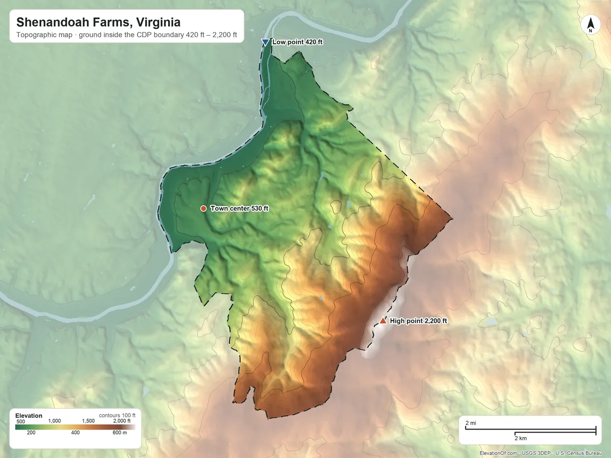 Topographic elevation map of Shenandoah Farms, Virginia, shaded from 420 ft on the north side to 2,200 ft on the southeast side
