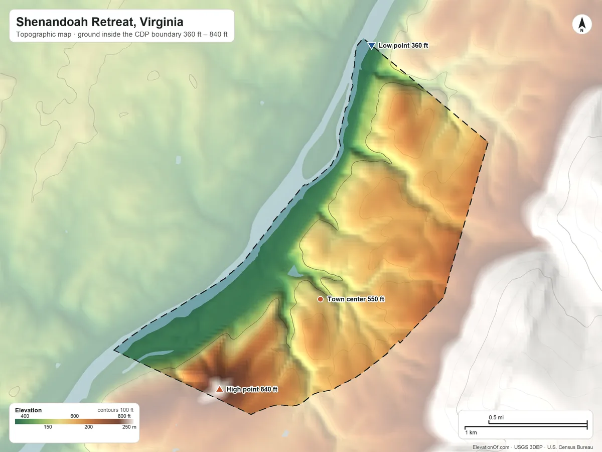Topographic elevation map of Shenandoah Retreat, Virginia, shaded from 360 ft on the north side to 840 ft on the southwest edge, below higher ground just outside