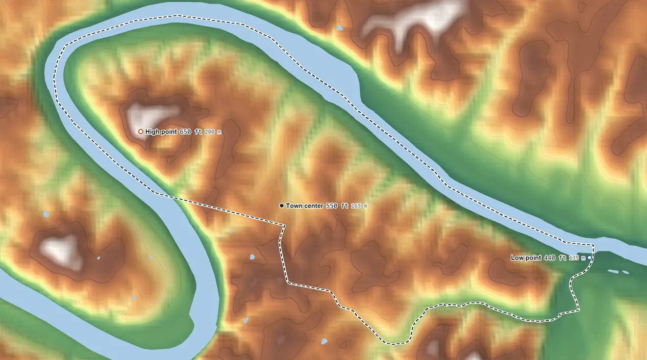 Topographic elevation map of Shenandoah Shores, Virginia, shaded from 440 ft on the east side to 650 ft on the northwest side