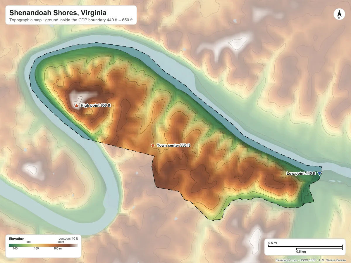 Topographic elevation map of Shenandoah Shores, Virginia, shaded from 440 ft on the east side to 650 ft on the northwest side