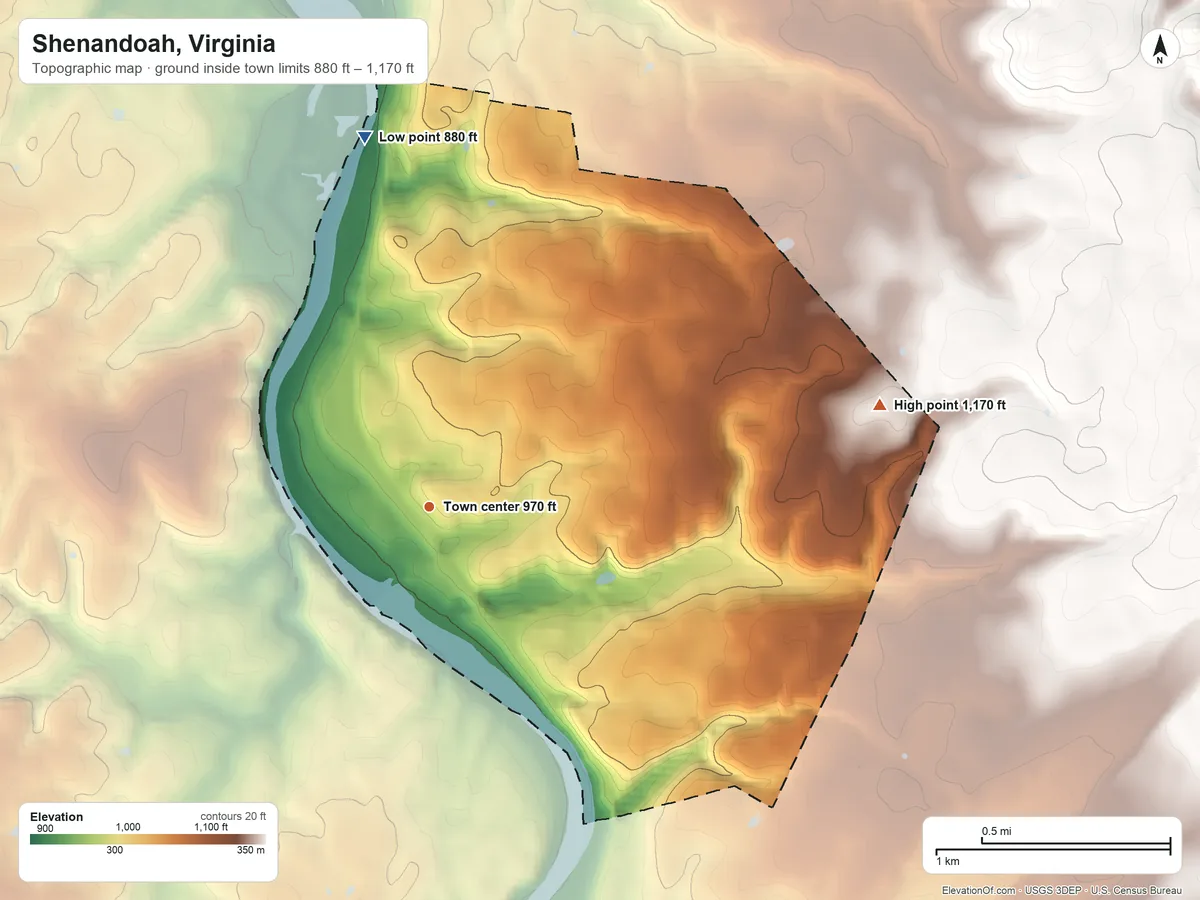 Topographic elevation map of Shenandoah, Virginia, shaded from 880 ft on the north side to 1,170 ft at the foot of the Massanutten Mountain