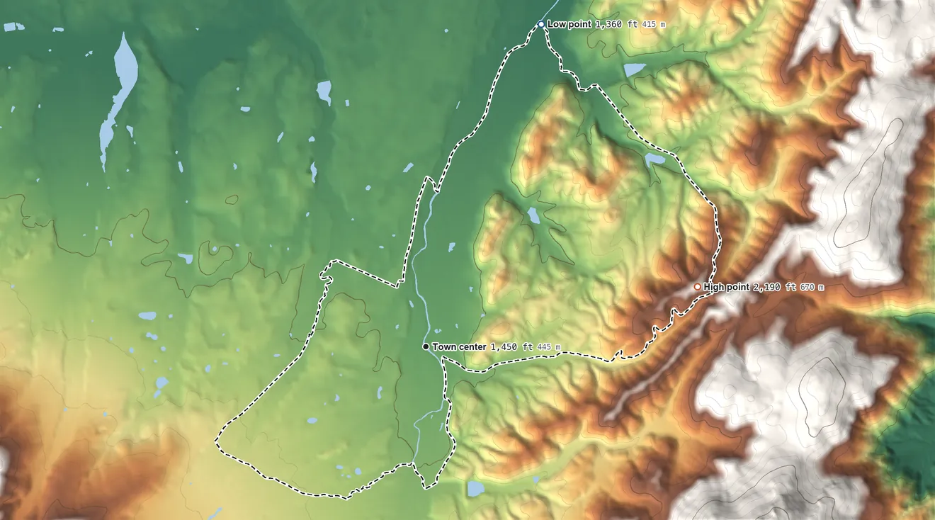 Topographic elevation map of Sherando, Virginia, shaded from 1,360 ft on the north side to 2,190 ft on the east edge, below higher ground just outside