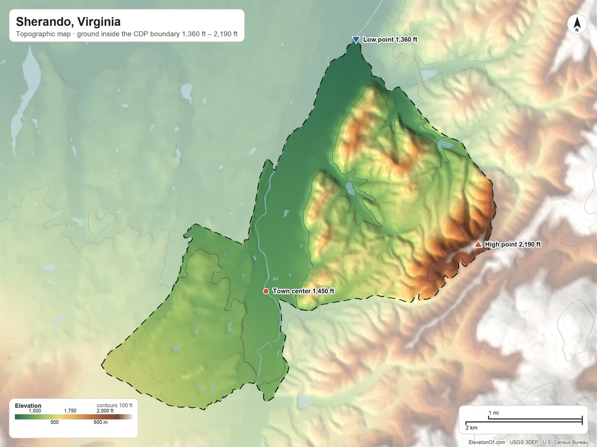 Topographic elevation map of Sherando, Virginia, shaded from 1,360 ft on the north side to 2,190 ft on the east edge, below higher ground just outside