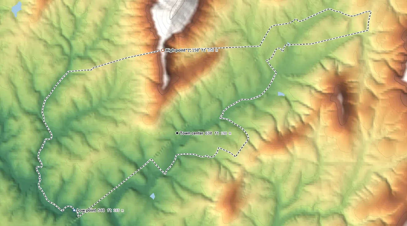 Topographic elevation map of Shipman, Virginia, shaded from 540 ft on the southwest side to 1,150 ft on the north edge, below higher ground just outside
