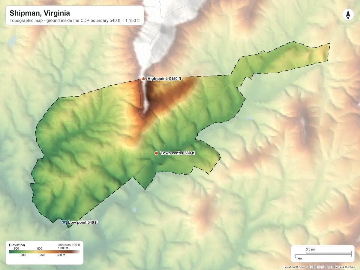 Topographic elevation map of Shipman, Virginia, shaded from 540 ft on the southwest side to 1,150 ft on the north edge, below higher ground just outside