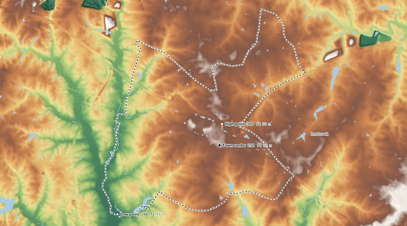Topographic elevation map of Short Pump, Virginia, shaded from 140 ft on the southwest side to 300 ft near the middle