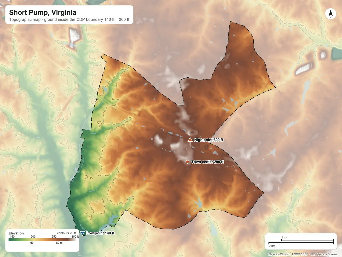 Topographic elevation map of Short Pump, Virginia, shaded from 140 ft on the southwest side to 300 ft near the middle
