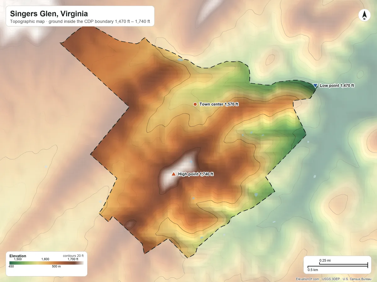 Topographic elevation map of Singers Glen, Virginia, shaded from 1,470 ft on the east side to 1,740 ft at the foot of The Knobs