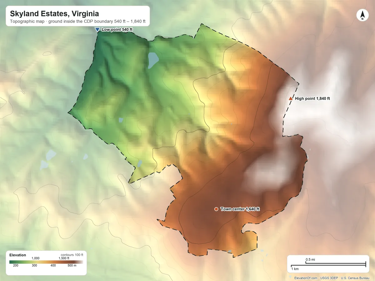 Topographic elevation map of Skyland Estates, Virginia, shaded from 540 ft on the northwest side to 1,840 ft on the northeast side