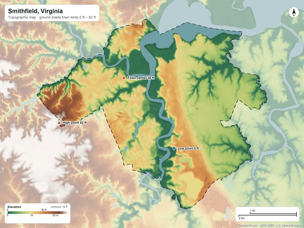 Topographic elevation map of Smithfield, Virginia, shaded from 0 ft on the southeast side to 82 ft on the southwest side