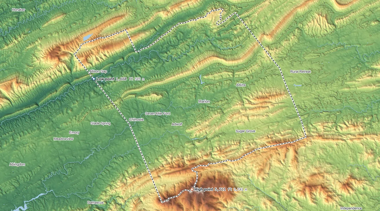 Topographic elevation map of Smyth County, Virginia, shaded from 1,660 ft on the west side to 5,711 ft on Mount Rogers
