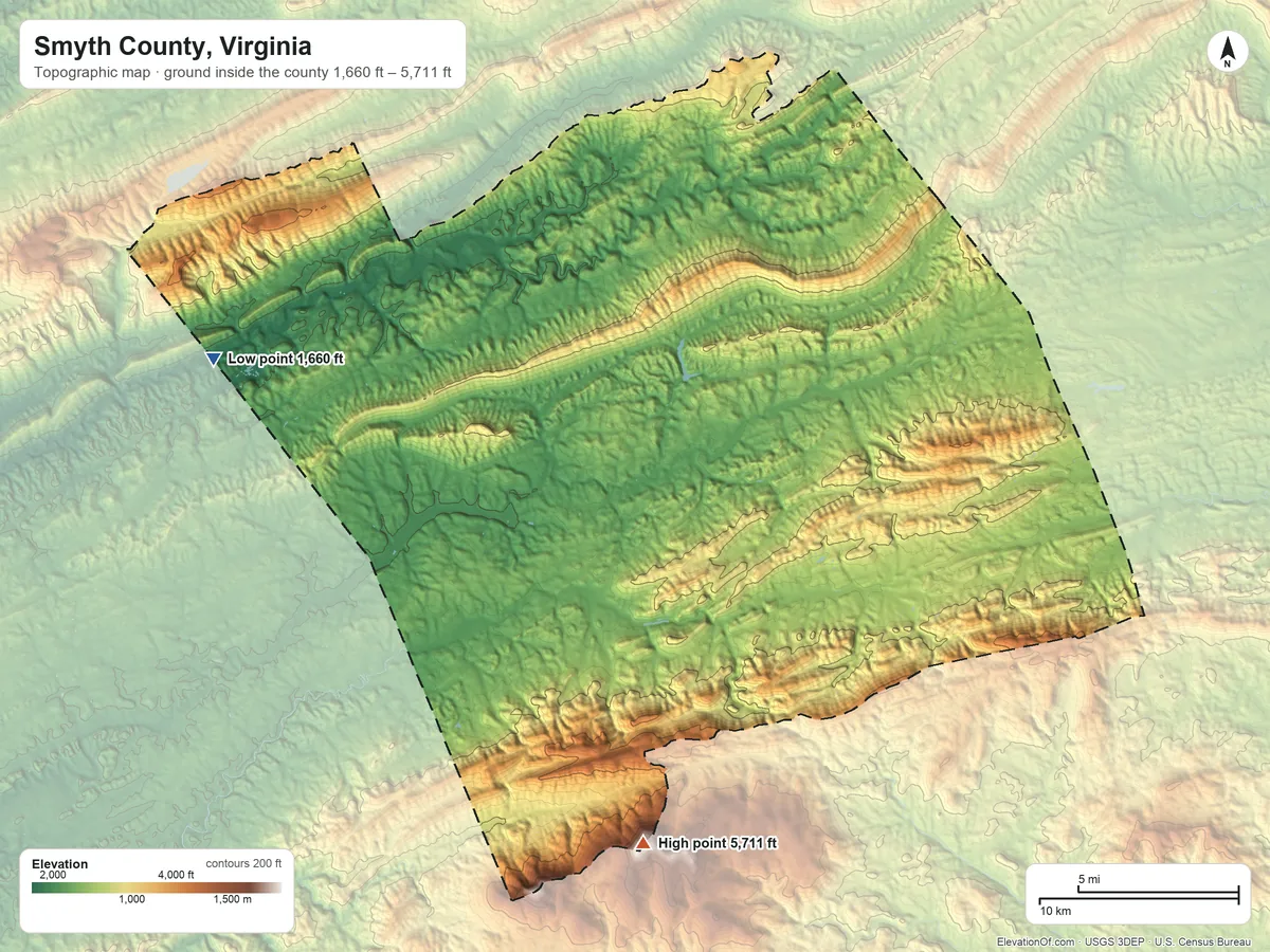 Topographic elevation map of Smyth County, Virginia, shaded from 1,660 ft on the west side to 5,711 ft on Mount Rogers