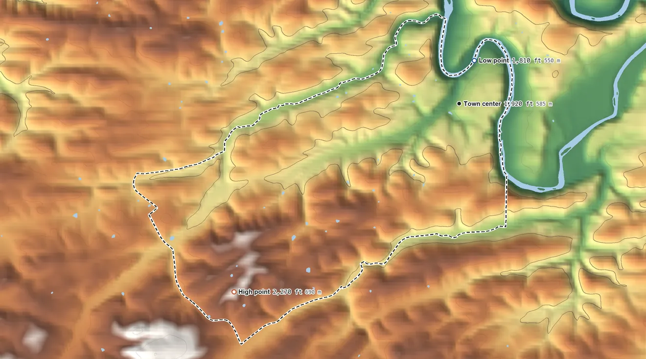 Topographic elevation map of Snowville, Virginia, shaded from 1,810 ft near the middle to 2,270 ft on the southwest edge, below higher ground just outside