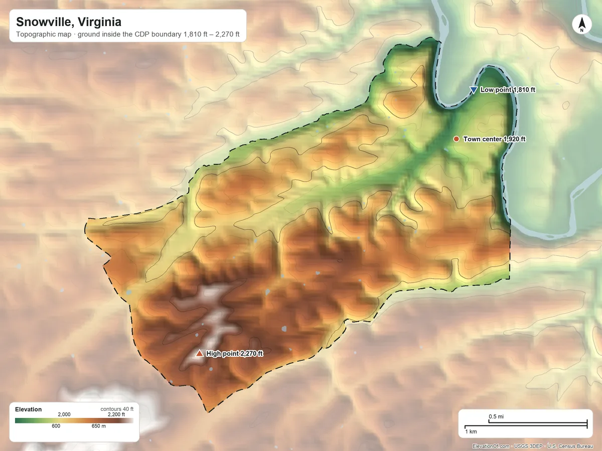 Topographic elevation map of Snowville, Virginia, shaded from 1,810 ft near the middle to 2,270 ft on the southwest edge, below higher ground just outside