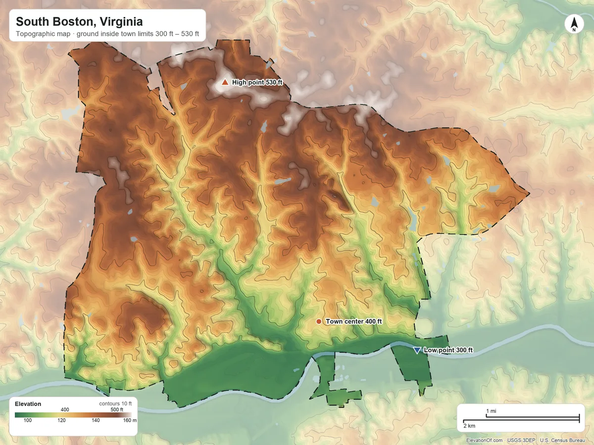 Topographic elevation map of South Boston, Virginia, shaded from 300 ft on the east side to 530 ft on the north side
