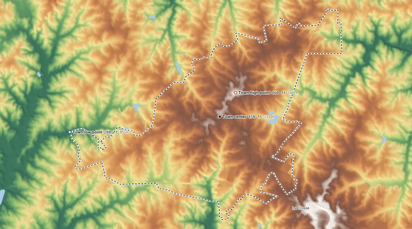 Topographic elevation map of South Hill, Virginia, shaded from 280 ft on the west side to 460 ft near the middle