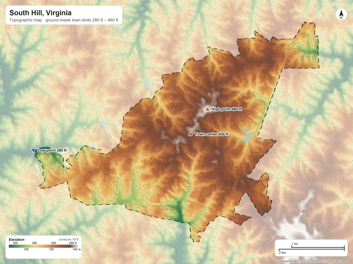 Topographic elevation map of South Hill, Virginia, shaded from 280 ft on the west side to 460 ft near the middle