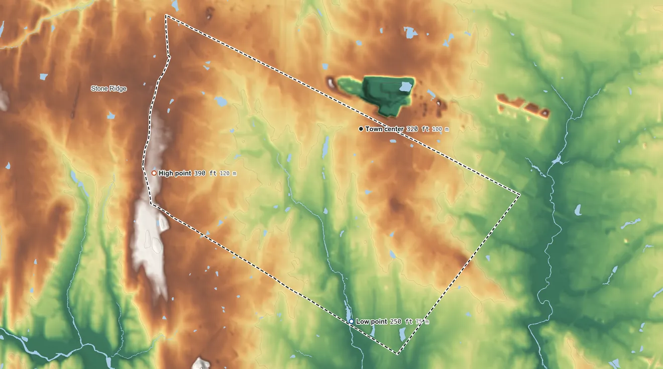 Topographic elevation map of South Riding, Virginia, shaded from 250 ft on the south side to 390 ft on the west side