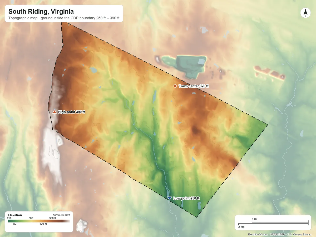 Topographic elevation map of South Riding, Virginia, shaded from 250 ft on the south side to 390 ft on the west side