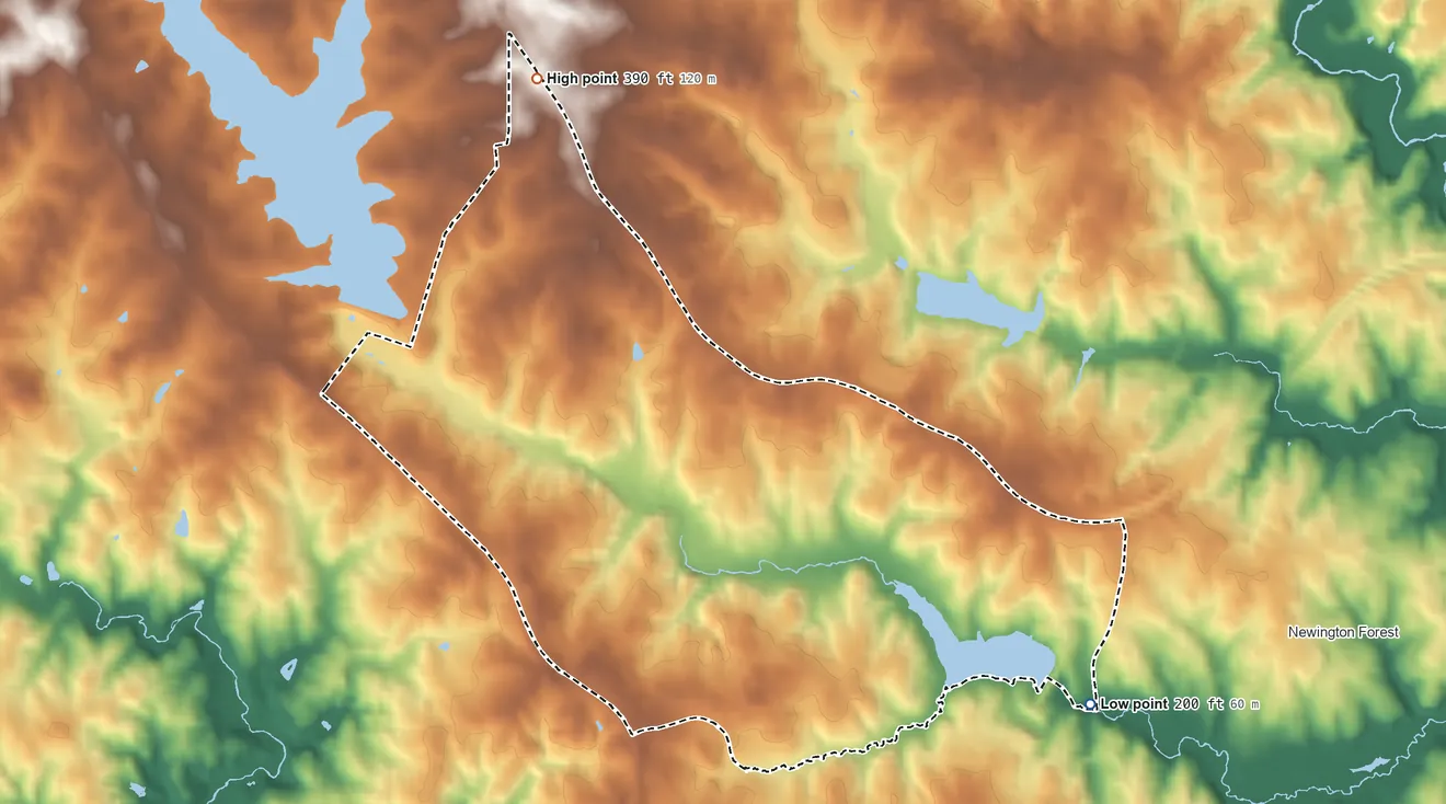 Topographic elevation map of South Run, Virginia, shaded from 200 ft on the southeast side to 390 ft on the northwest side