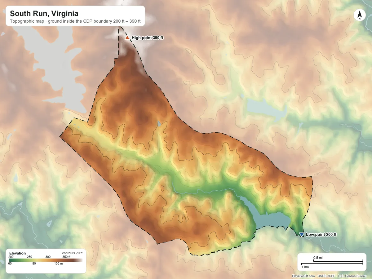 Topographic elevation map of South Run, Virginia, shaded from 200 ft on the southeast side to 390 ft on the northwest side