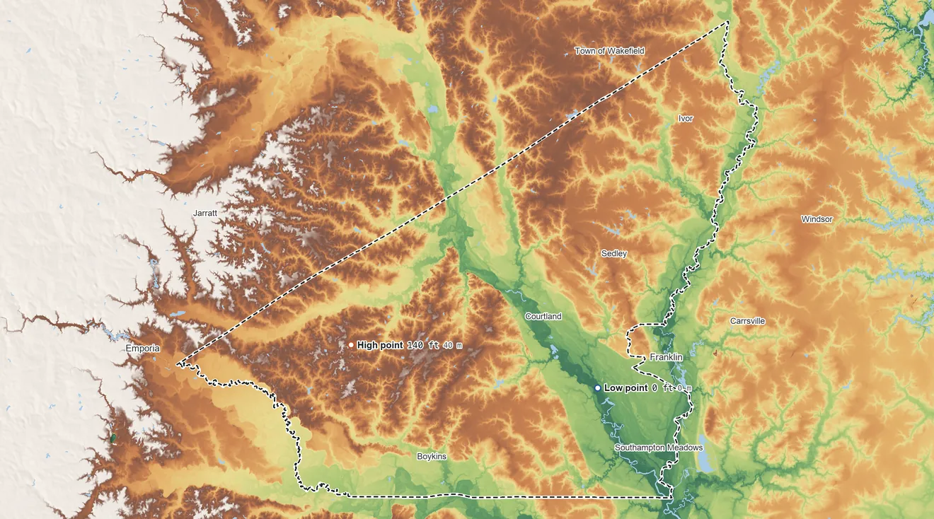Topographic elevation map of Southampton County, Virginia, shaded from 0 ft on the southeast side to 140 ft on the southwest side