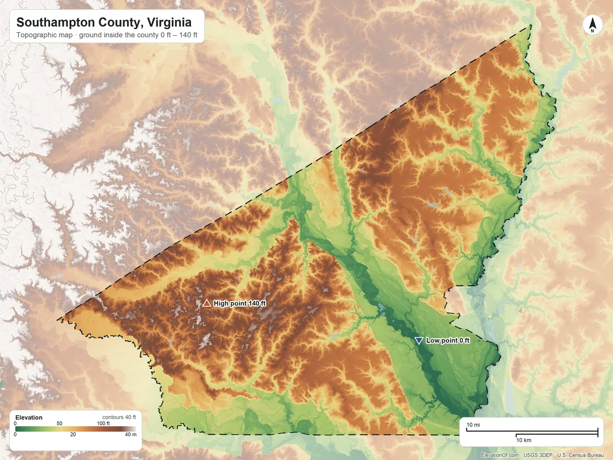 Topographic elevation map of Southampton County, Virginia, shaded from 0 ft on the southeast side to 140 ft on the southwest side