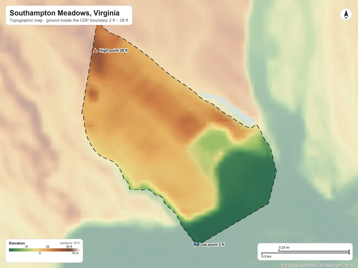 Topographic elevation map of Southampton Meadows, Virginia, shaded from 2 ft on the southeast side to 28 ft on the northwest side