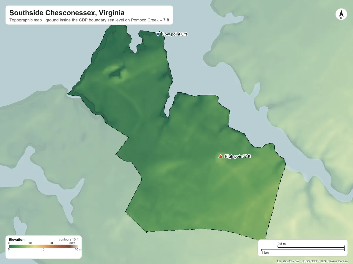 Topographic elevation map of Southside Chesconessex, Virginia, shaded from sea level level on Pompco Creek to 7 ft on the southeast side