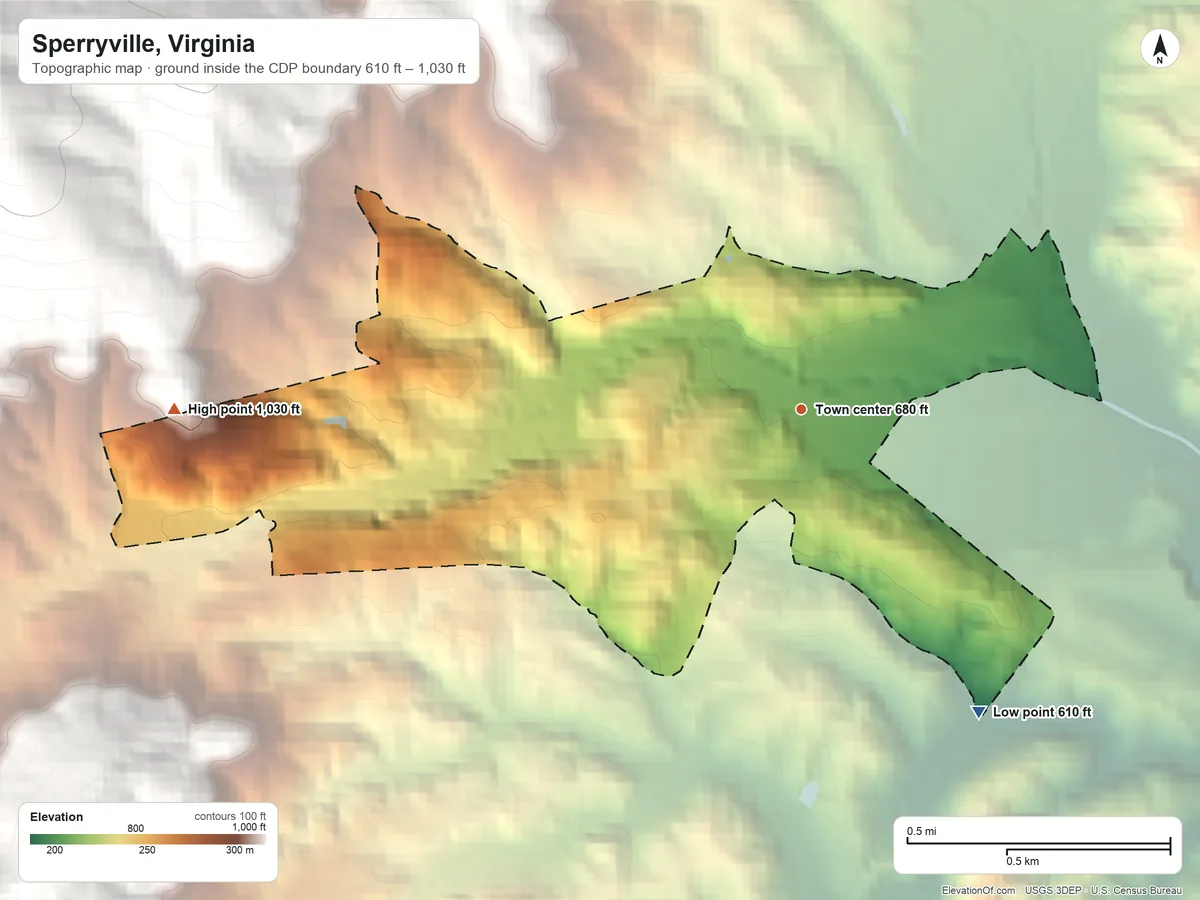 Topographic elevation map of Sperryville, Virginia, shaded from 610 ft on the southeast side to 1,030 ft on the west edge, below higher ground just outside