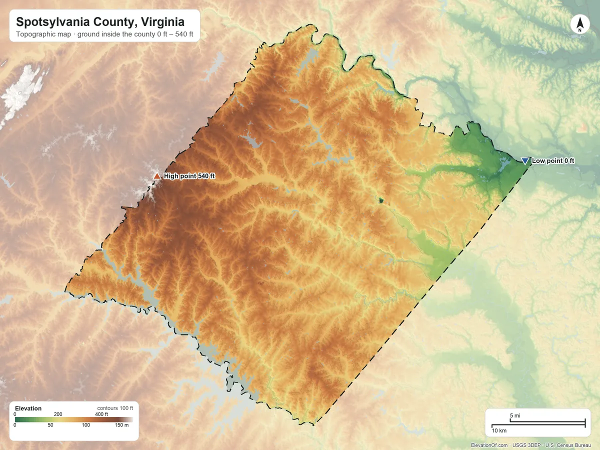 Topographic elevation map of Spotsylvania County, Virginia, shaded from 0 ft on the east side to 540 ft on the west side