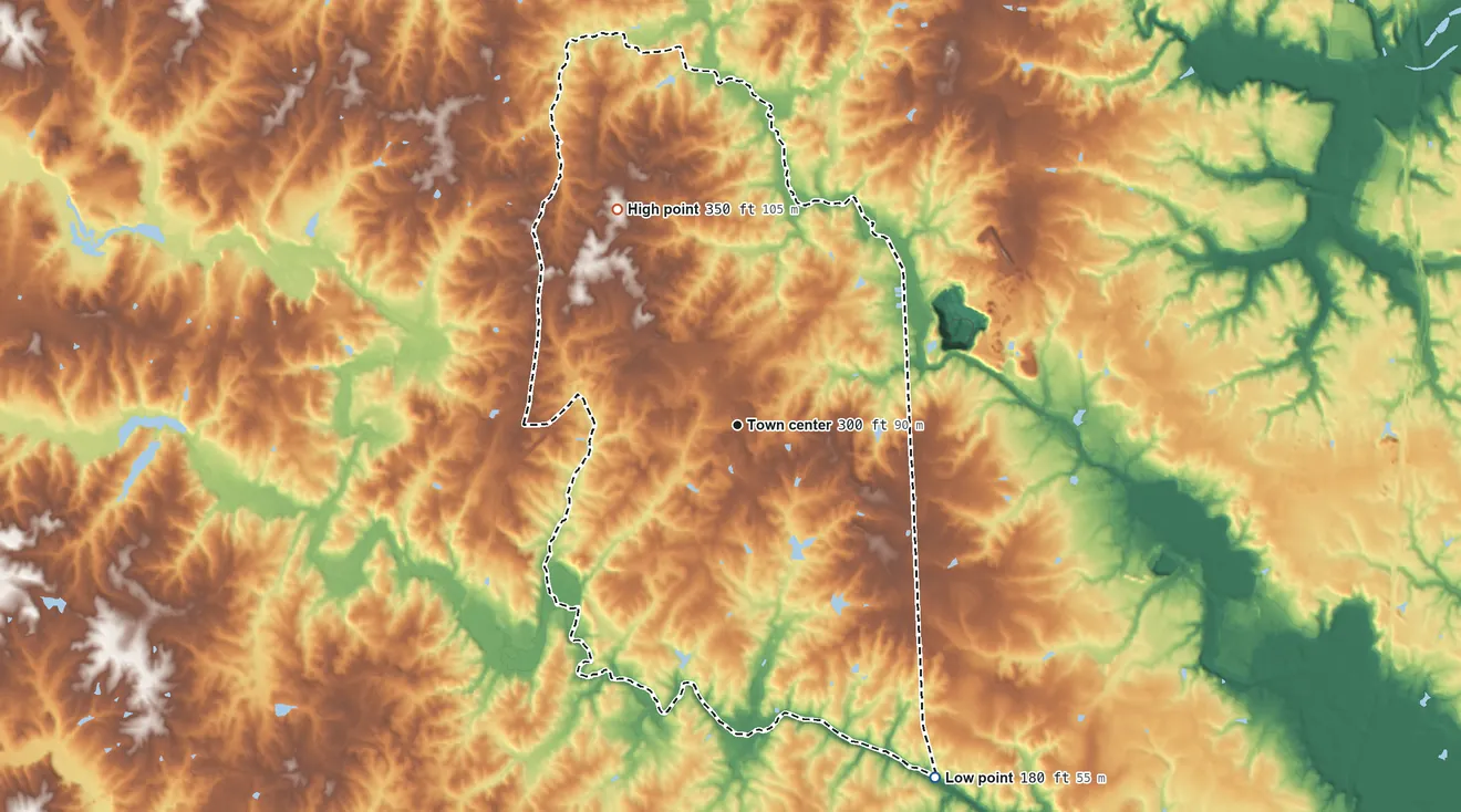 Topographic elevation map of Spotsylvania Courthouse, Virginia, shaded from 180 ft on the southeast side to 350 ft on the northwest side