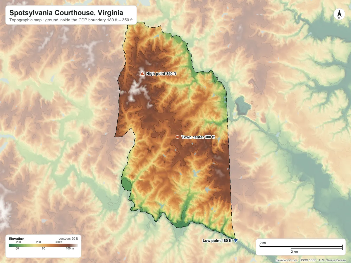 Topographic elevation map of Spotsylvania Courthouse, Virginia, shaded from 180 ft on the southeast side to 350 ft on the northwest side
