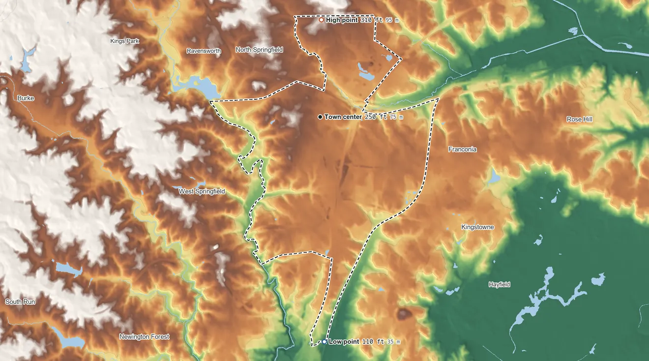 Topographic elevation map of Springfield, Virginia, shaded from 110 ft on the south side to 310 ft on the north side