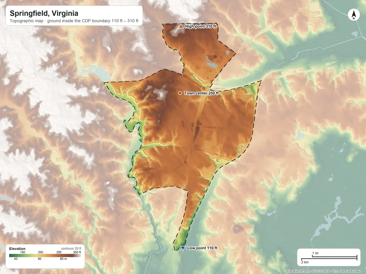 Topographic elevation map of Springfield, Virginia, shaded from 110 ft on the south side to 310 ft on the north side