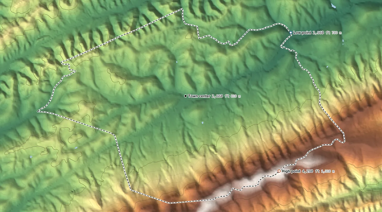 Topographic elevation map of Springville, Virginia, shaded from 2,560 ft on the northeast side to 4,290 ft on the southeast edge, below higher ground just outside