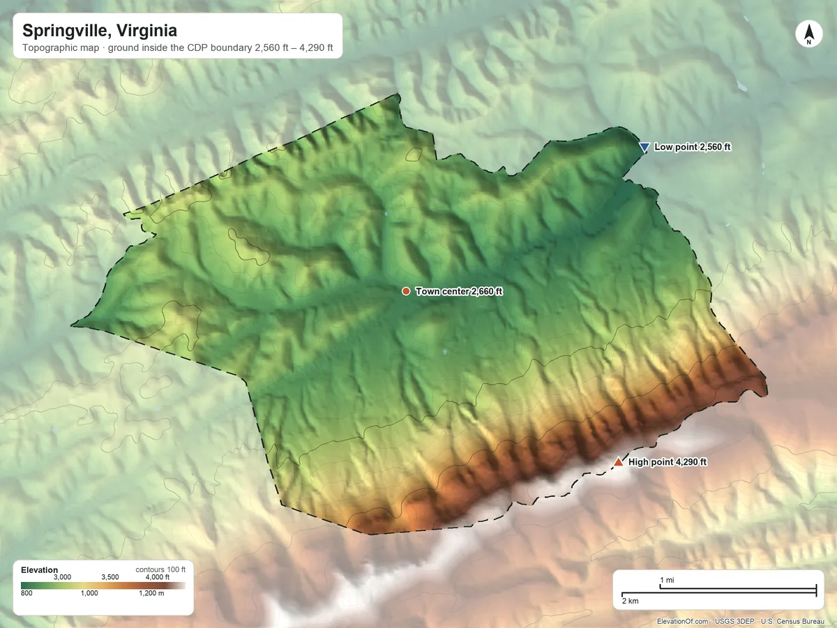 Topographic elevation map of Springville, Virginia, shaded from 2,560 ft on the northeast side to 4,290 ft on the southeast edge, below higher ground just outside
