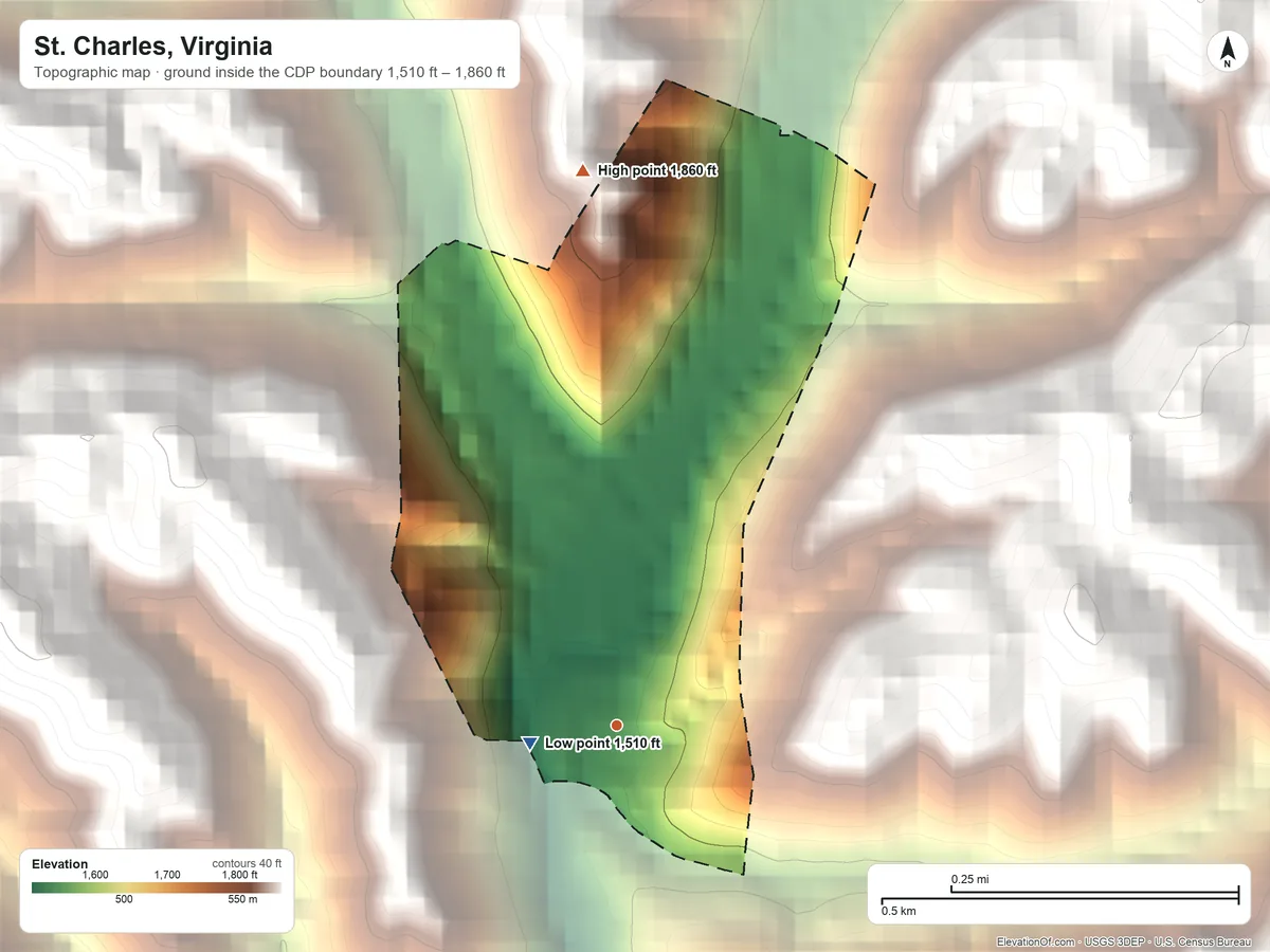 Topographic elevation map of St. Charles, Virginia, shaded from 1,510 ft near the middle to 1,860 ft at the foot of the Potato Hill Knobs