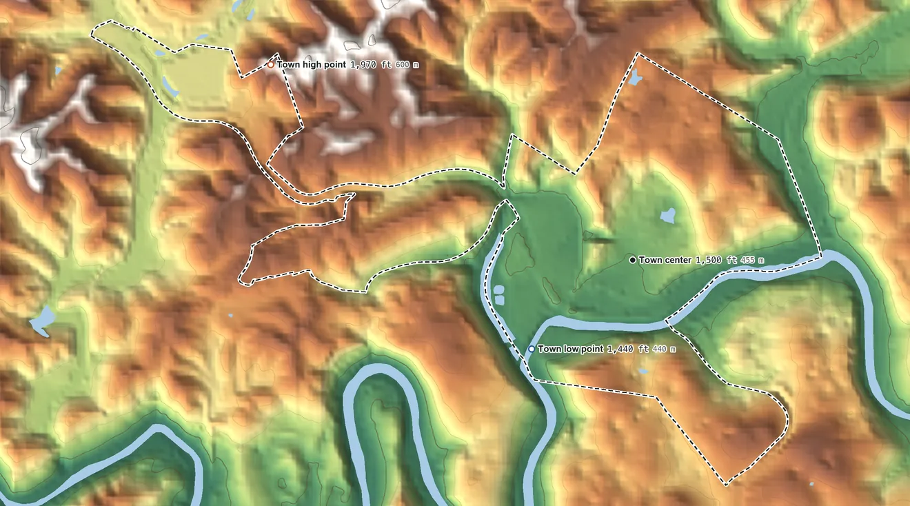 Topographic elevation map of St. Paul, Virginia, shaded from 1,440 ft on the southwest side to 1,970 ft on the northwest side