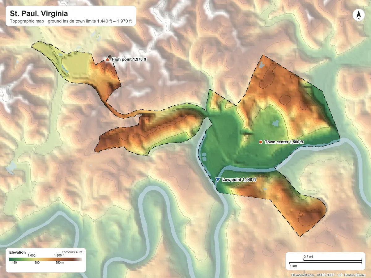 Topographic elevation map of St. Paul, Virginia, shaded from 1,440 ft on the southwest side to 1,970 ft on the northwest side